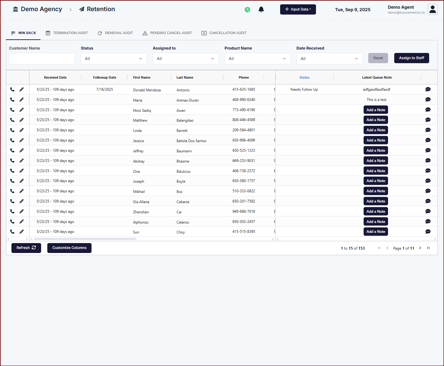 Comprehensive retention management with advanced filtering and customer tracking